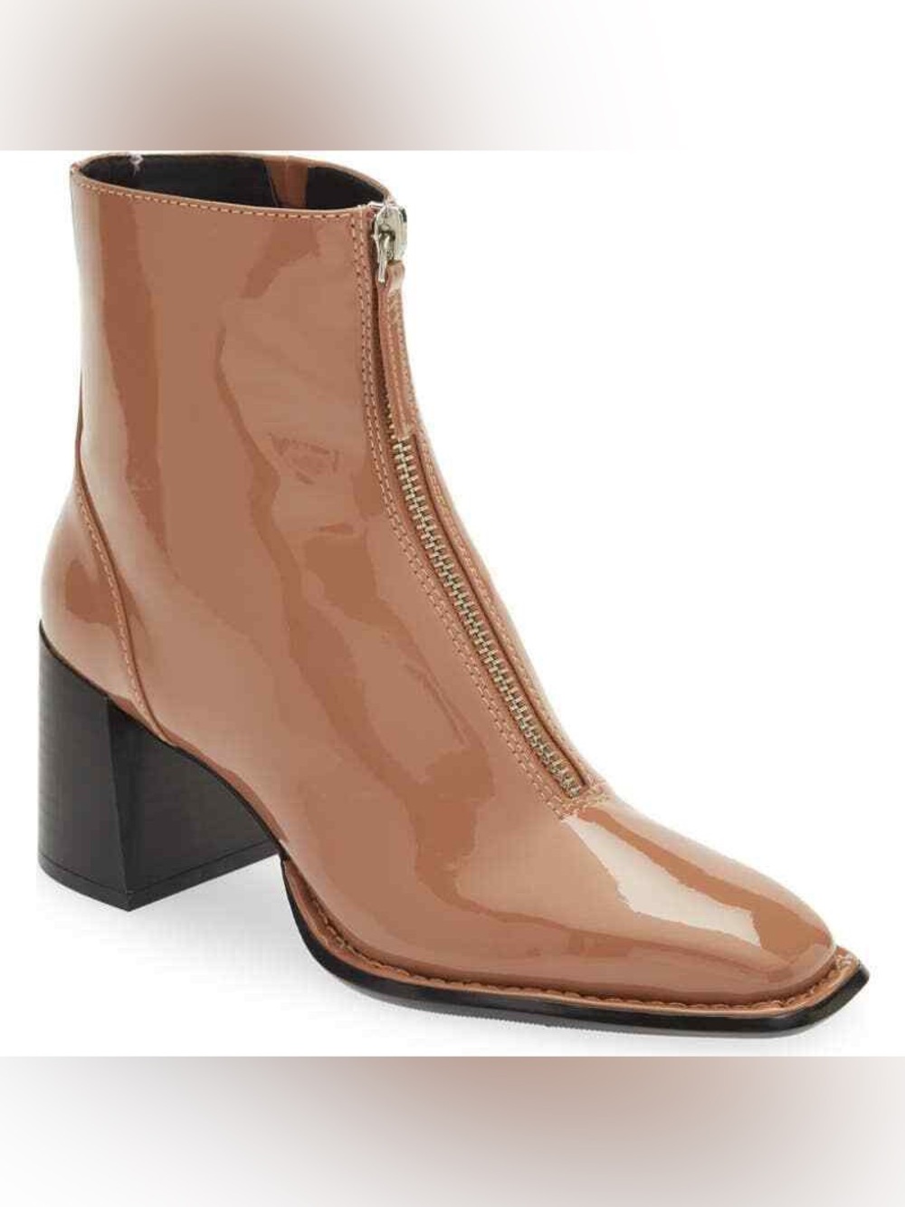 Open Edit Chloe Patent Front-Zip Patent Ankle Bootie in tan